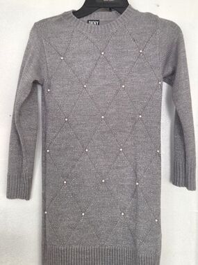 DKNY Silver Gray Long-Sleeve Pearl-Embellished Knit Dress
